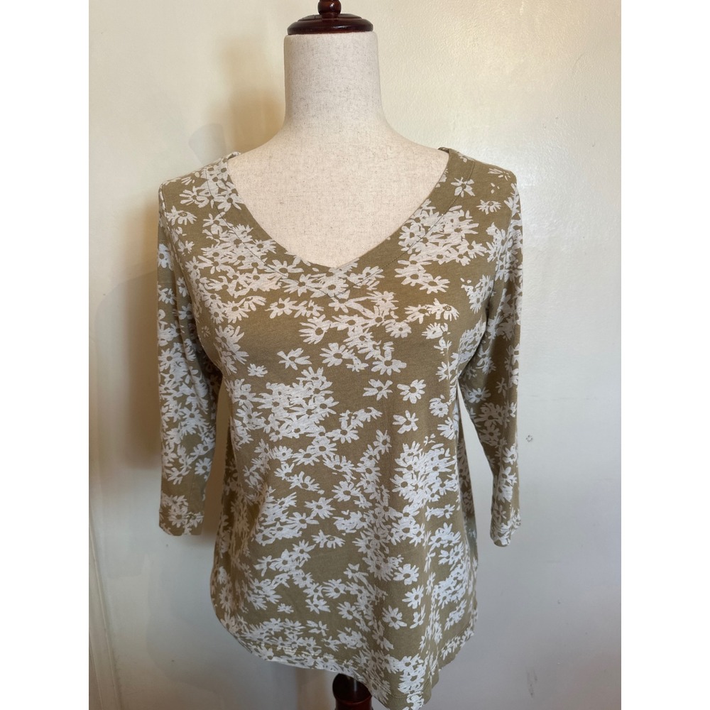 J. Jill Olive Green White Floral V-Neck 3/4 Sleeve Top Medium